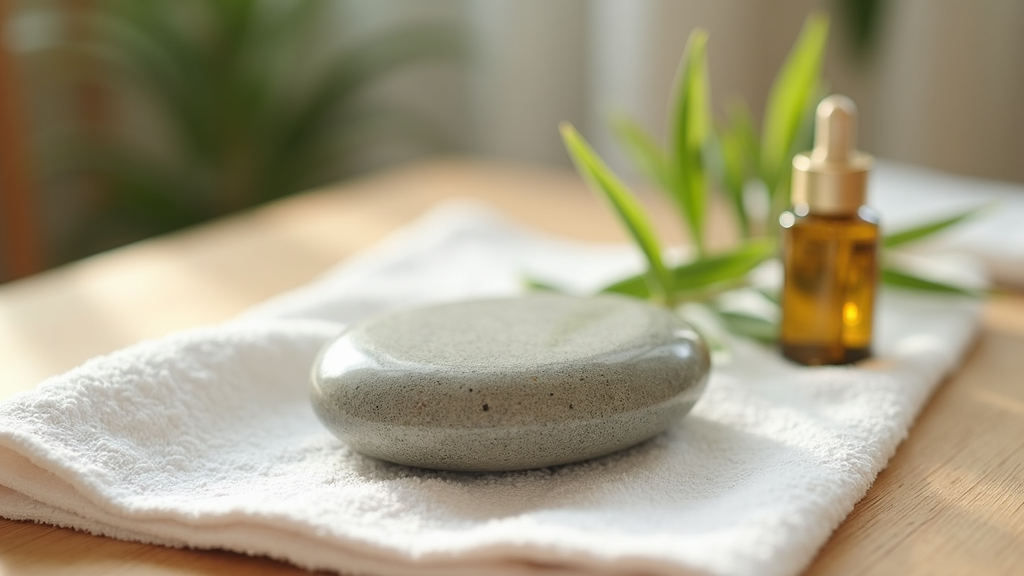 A close-up view of a smooth stone gua sha tool resting on a clean towel with a plant and skincare oil drops on a wooden table. No people, soft natural light.