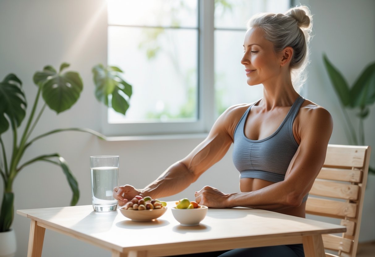 A healthy adult sitting at a table with water and fresh fruits, surrounded by plants and natural light, creating a peaceful wellness setting.