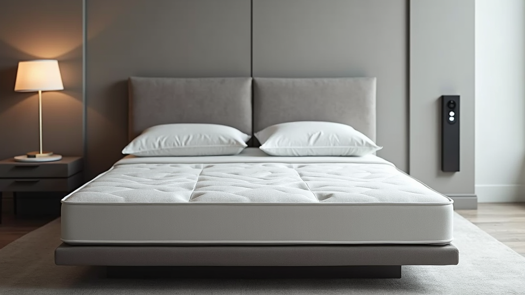 A modern bedroom featuring a smart mattress with visible sensors and control unit