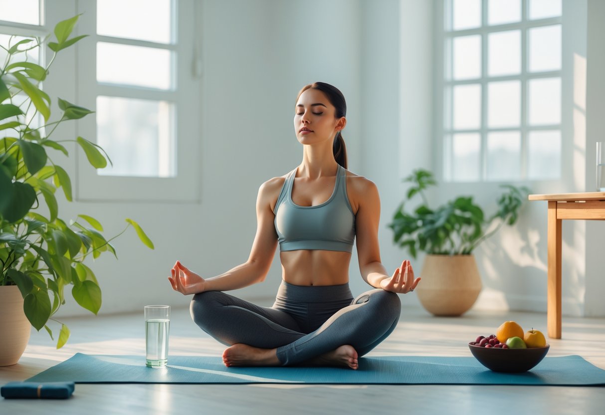 A young adult meditating peacefully on a yoga mat in a bright room with sunlight, a glass of water and a bowl of fruit nearby.