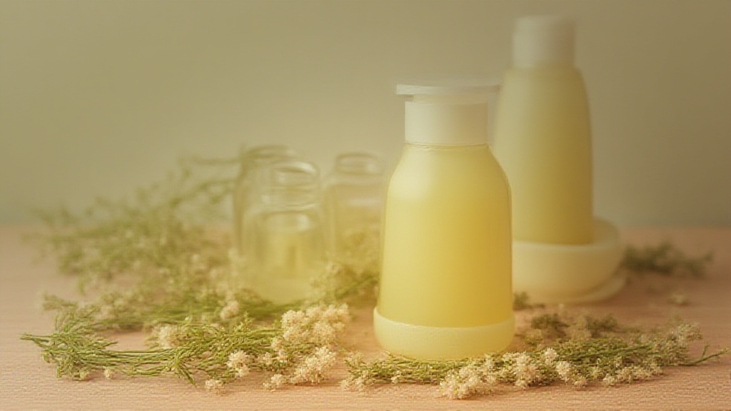 jars of herbal shampoo ingredients and finished shampoo on a bathroom counter